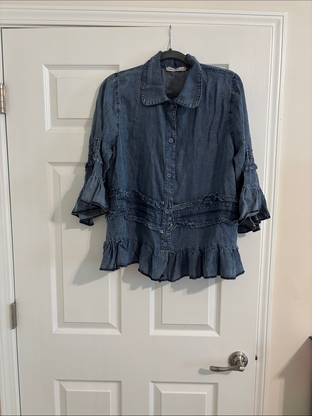 Denim Blue Ruffled Button-Front Women’s Top